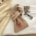 Light khaki knitted scarf with red bow embroidery and ribbed edge detail - Khaki