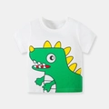 White cotton kids T-shirt with large green cartoon dinosaur print on the front - Dt8136 White / 90cm