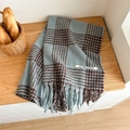 Classic houndstooth scarf in blue and brown cashmere feel fabric with soft tassels - Blue Grey