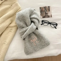 Light gray knit scarf featuring a delicate pink ribbon bow and elegant embroidery detail - Light Gray