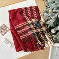 Thick autumn winter cashmere-like scarf in red brown houndstooth pattern with tassels - 68x196cm / Red