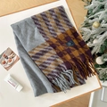 Écharpe épaisse en pied-de-poule gris, violet et marron avec longues franges - 68x196cm / Gris Bleu