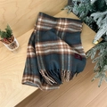 Classic blue and brown plaid scarf with tassels and knit texture for winter - Dark Green