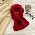 Dark red knit scarf featuring navy blue bow embroidery and premium wool texture - Red