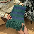 Winter knit scarf featuring dark green and blue stripes with elegant long tassels - Blue Green Striped