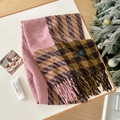 Écharpe à rayures pied-de-poule rose et marron avec longues franges et tissu épais - 68x196cm / Rose