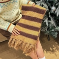 Winter long scarf with brown and mustard yellow stripes featuring fluffy tassels - Khaki Striped