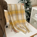Thick yellow and blue plaid mohair scarf with long fringes for winter warmth - Over 175cm / Meilade Yellow