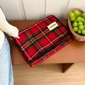 Red plaid tartan scarf in faux cashmere with thick knit texture and fringe hem - 200cmX70cm / Red