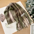 Soft mohair plaid tassel scarf in olive green and brown tones for winter warmth - Green