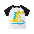 T-shirt enfant bicolore à manches raglan avec motif crocodile rigolo sur skateboard - Dt8155 Skateboard Dinosaure Manchon Noir / 90cm