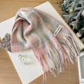 Pink and blue checkered mohair scarf with soft fringes and branded woven label - Pink