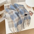 Classic blue and beige plaid scarf with soft tassels and elegant woven label - Sky Blue