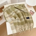 Plaid knitted scarf for women with soft green and beige grid pattern and fringe - Tea Green
