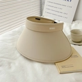 Detail of beige wide brim sun visor with UV protection tag and elegant side logo - Beige