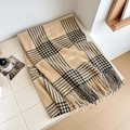 Classic beige plaid scarf with black and navy grid patterns and elegant fringe details - Over 175cm / Camel