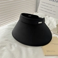Detail of black wide brim sun hat with metallic logo on textured fabric and chic styling - Black