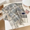 Classic soft checkered scarf in grey and beige with fringe, elegant plaid style - Light Gray