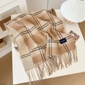 Beige and coffee checkered scarf with fringe tassels in soft wool blend fabric - Camel