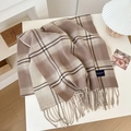 Plaid tassel scarf in beige and brown check pattern with elegant classic woven label - Shrimp Color