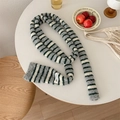 Knit striped sausage scarf in grey, white, and dark green with woven label detail - Grey and White Stripes