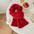 Classic red 100% pure wool chunky knit scarf for women with elegant metal logo tag - Red