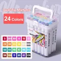 24 colors dual-tip markers set with fine and brush tips in a clear storage box - Multicolor Style (ZX-602-24)