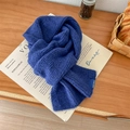 Blue chunky knit scarf with Vegetable brand label on cozy wooden cafe background - Sapphire Blue / 60-80cm