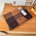 Detail of 100% pure wool scarf with classic plaid pattern and fringe on wooden table - 188x32cm / Caramel Coffee Brown Plaid (7)