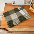 Close-up of dark green and beige checkered 100% wool scarf with soft tassel details - 188x32cm / Dark Green Beige Plaid (5)