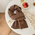 Brown 100% pure wool ribbed knitted scarf featuring a metallic logo and branding tag - Brown