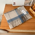 Close-up of 100% pure wool scarf featuring classic plaid pattern and soft tassels - 188x32cm / Beige Blue Brown Plaid (9)