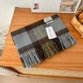 Detail of 100% pure wool plaid scarf with fringes on a rustic wooden background - 188x32cm / Blue Gray Brown Plaid (2)