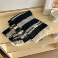 Winter striped knit wool scarf with black, grey, and cream fuzzy plush texture - Black Gray White Stripe (bonegrrd Label) / Black