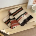 Knitted wool scarf in mixed beige, green, and orange stripes with soft plush texture - Beige Green Red Coffee Stripe (bonegrrd Label) / Beige