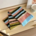 Winter striped knit wool scarf with colorful pink, blue, and green plush fuzzy textures - Pink