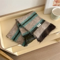 Multicolor striped knit wool scarf with soft mohair texture and branded white label - Hemp Khaki