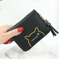 Compact black zipper coin purse with cute cat design and green star tassel charm - Black