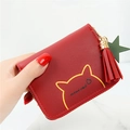 Red PU leather mini coin purse with cute cat design and fringe zipper puller - Burgundy