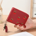 Short red cherry embroidered wallet with litchi grain leather and tassel charm - Red
