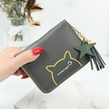 Cute grey mini coin purse for women featuring cat print and elegant tassel zipper charm - Light Gray