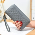 Gray long floral wallet in lychee leather with gold zipper and tassel strap hand-held - Gray