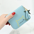 Light blue mini cat coin purse with zipper closure and cute star tassel pendant - Blue