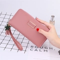 Pink PU leather long wallet for women featuring a star tassel and wrist strap handle - Deep Pink