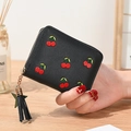 Short black cherry embroidery wallet with tassel and star pendant on zipper - Black
