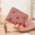 Pink short wallet with cherry embroidery, featuring a tassel star zipper and leather finish - Lotus root pink