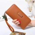 Brown long leather zipper wallet featuring star pendant and elegant tassel detail - Brown