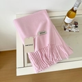 Soft pink wool scarf for women with elegant tassel edges and minimalist brand tag - 175cm+ / Pink