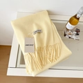 Soft cream yellow wool scarf with classic fringe edges and woven product label - 175cm+ / Pear Yellow