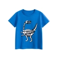 Blue kids short sleeve cotton T-shirt featuring a white dinosaur skeleton print - 90cm / Blue